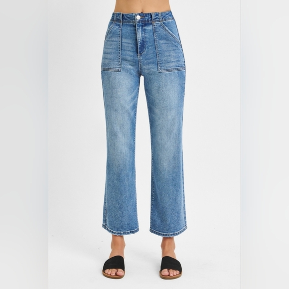 RISEN High-Rise Bootcut Cropped Ankle Mom Jeans 90s Patch Pocket Denim Pants - Picture 7 of 13